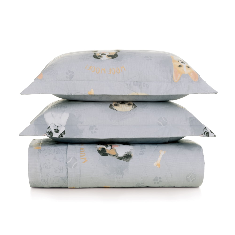 Kit Cobre-Leito Colcha Casal Infantil Karsten Dog Dupla Face 100% Algodão Percal 200 Fios c/ Porta Travesseiro (3 Peças)