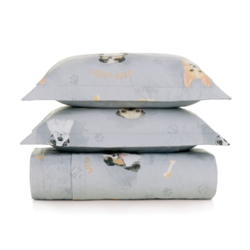Kit Cobre-Leito Colcha Casal Infantil Karsten Dog Dupla Face 100% Algodão Percal 200 Fios c/ Porta Travesseiro (3 Peças)