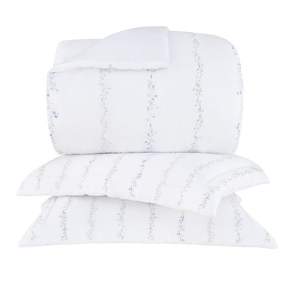 Kit Cobre-Leito Colcha Queen Buddemeyer Bud Vision Blue Daisy 100% Algodão Fio Penteado Cetim 270 Fios (3 Peças)