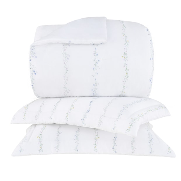 Kit Cobre-Leito Colcha Queen Buddemeyer Bud Vision Blue Daisy 100% Algodão Fio Penteado Cetim 270 Fios (3 Peças)