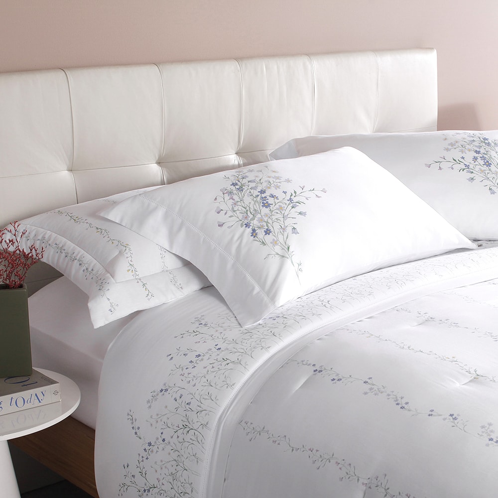 Kit Cobre-Leito Colcha Queen Buddemeyer Bud Vision Blue Daisy 100% Algodão Fio Penteado Cetim 270 Fios (3 Peças)