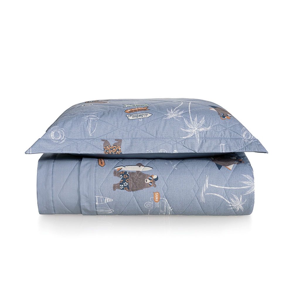 Kit Cobre-Leito Colcha Solteiro Infantil Karsten Surf Dupla Face 100% Algodão Percal 200 Fios c/ Porta Travesseiro (2 Peças)