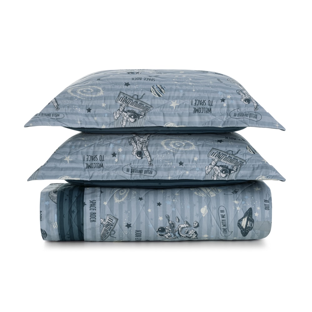 Kit Colcha Casal Infantil Karsten Espacial Dupla Face 100% Algodão Percal 200 Fios c/ Porta Travesseiro (3 Peças)