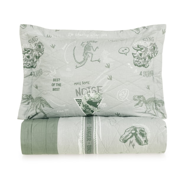 Kit Colcha Casal Infantil Karsten Jurassic Dupla Face 100% Algodão Percal 200 Fios c/ Porta Travesseiro (3 Peças)