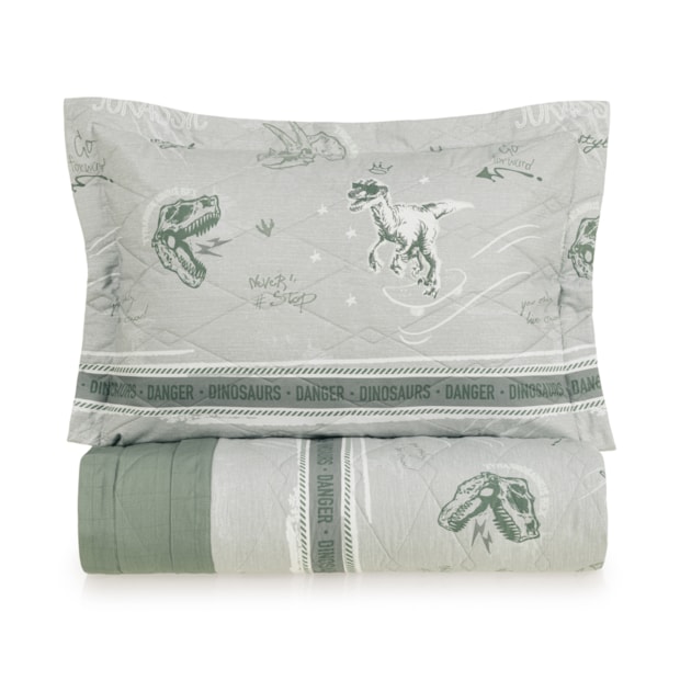 Kit Colcha Casal Infantil Karsten Jurassic Dupla Face 100% Algodão Percal 200 Fios c/ Porta Travesseiro (3 Peças)