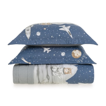 Kit Colcha Casal Infantil Karsten Lunar Dupla Face 100% Algodão Percal 200 Fios c/ Porta Travesseiro (3 Peças)