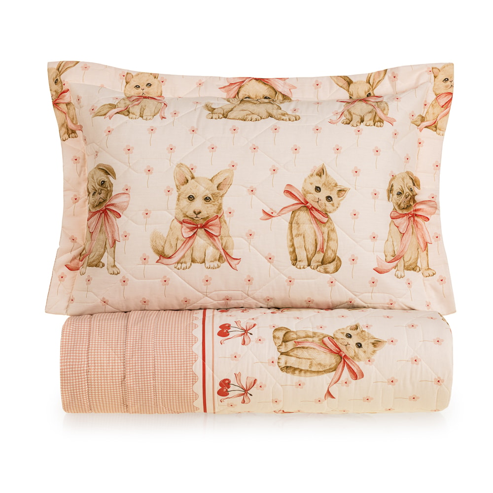 Kit Colcha Casal Infantil Karsten Pets Dupla Face 100% Algodão Percal 200 Fios c/ Porta Travesseiro (3 Peças)