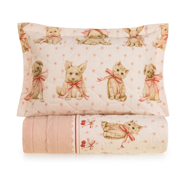 Kit Colcha Casal Infantil Karsten Pets Dupla Face 100% Algodão Percal 200 Fios c/ Porta Travesseiro (3 Peças)
