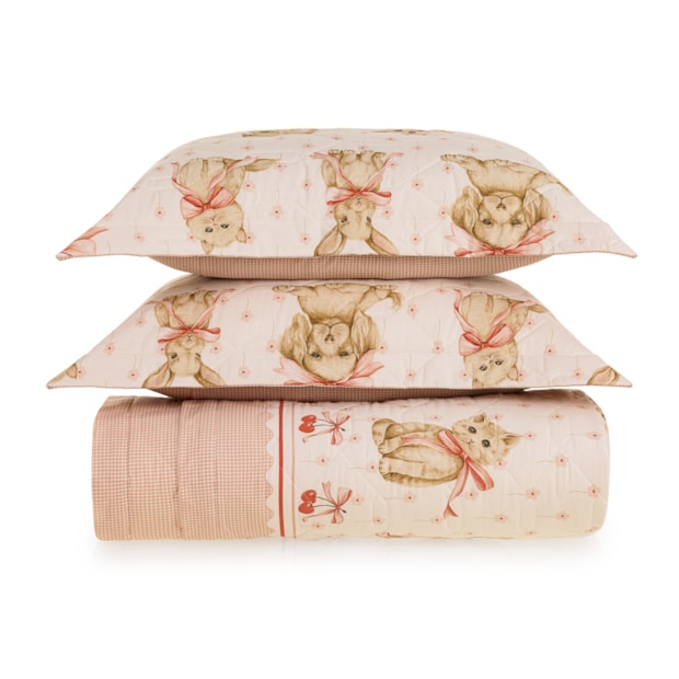 Kit Colcha Casal Infantil Karsten Pets Dupla Face 100% Algodão Percal 200 Fios c/ Porta Travesseiro (3 Peças)