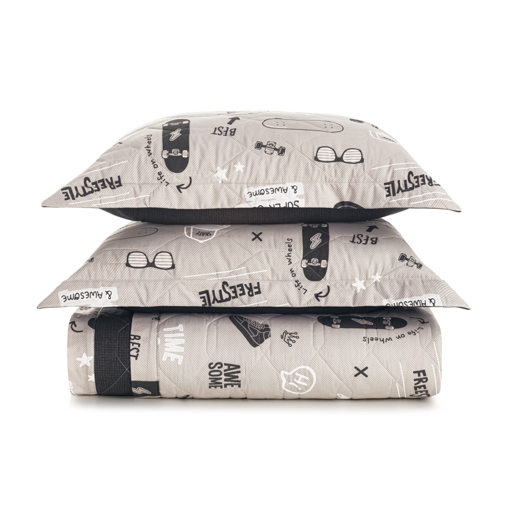 Kit Colcha Casal Infantil Karsten Skate Dupla Face 100% Algodão Percal 200 Fios c/ Porta Travesseiro (3 Peças)