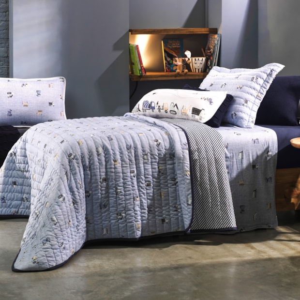 Kit Colcha Cobre-Leito Casal Infantil Altenburg Mini Obra Dupla Face Malha Fio Penteado 100% Algodão (3 Peças)