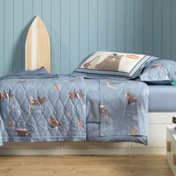 Kit Colcha Cobre-Leito Casal Infantil Karsten Surf Dupla Face 100% Algodão Percal 200 Fios c/ Porta Travesseiro