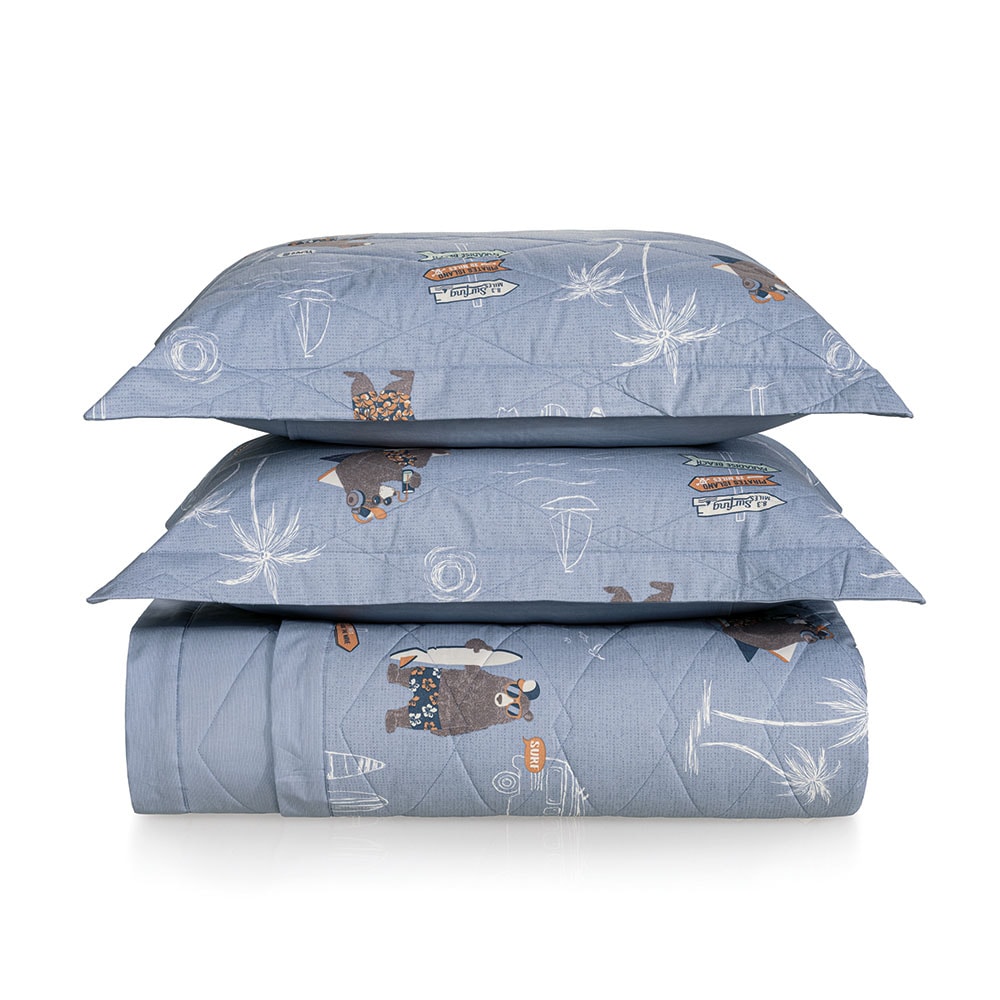 Kit Colcha Cobre-Leito Casal Infantil Karsten Surf Dupla Face 100% Algodão Percal 200 Fios c/ Porta Travesseiro
