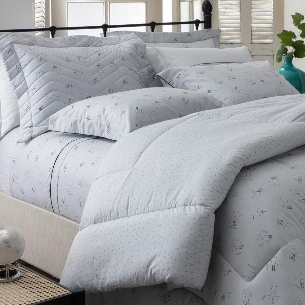 Kit Colcha Cobre Leito Queen Kacyumara Vintage Zodiac Dupla Face 100% Algodão Egípcio Percal 200 Fios (3 Peças)