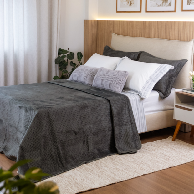 Kit Colcha Cobre-Leito Solteiro Estocolmo Aveludada c/ Porta Travesseiro (2 Peças)