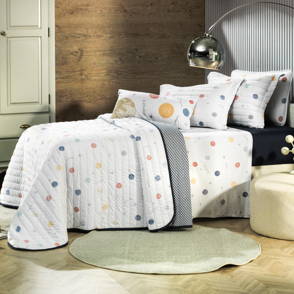 Kit Colcha Cobre-Leito Solteiro Infantil Altenburg Astro Kids Dupla Face Malha Fio Penteado 100% Algodão (2 Peças)