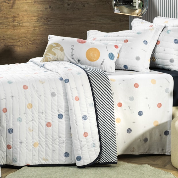 Kit Colcha Cobre-Leito Solteiro Infantil Altenburg Astro Kids Dupla Face Malha Fio Penteado 100% Algodão (2 Peças)