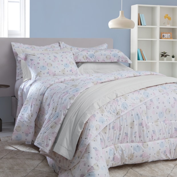 Kit Colcha Cobre-Leito Solteiro Kacyumara Vintage Babalu Dupla Face 100% Algodão Egípcio Percal 200 Fios (2 Peças)