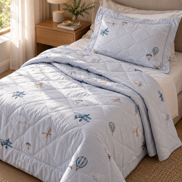 Kit Colcha Infantil Casal Kacyumara Casa K Vida Bela Skyplane Dupla Face 100% Algodão Egípcio Percal 200 Fios (3 Peças)