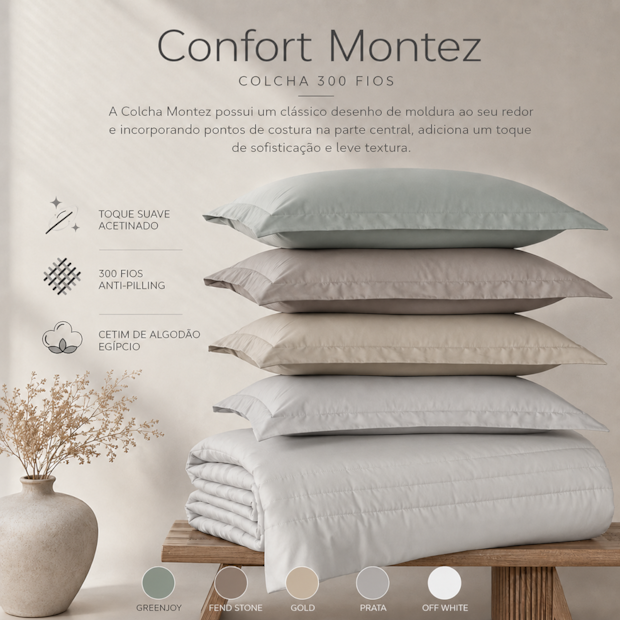 Kit Colcha Queen Kacyumara Casa K Confort Montez Liso 100% Algodão Egípcio Cetim 300 Fios (3 Peças)