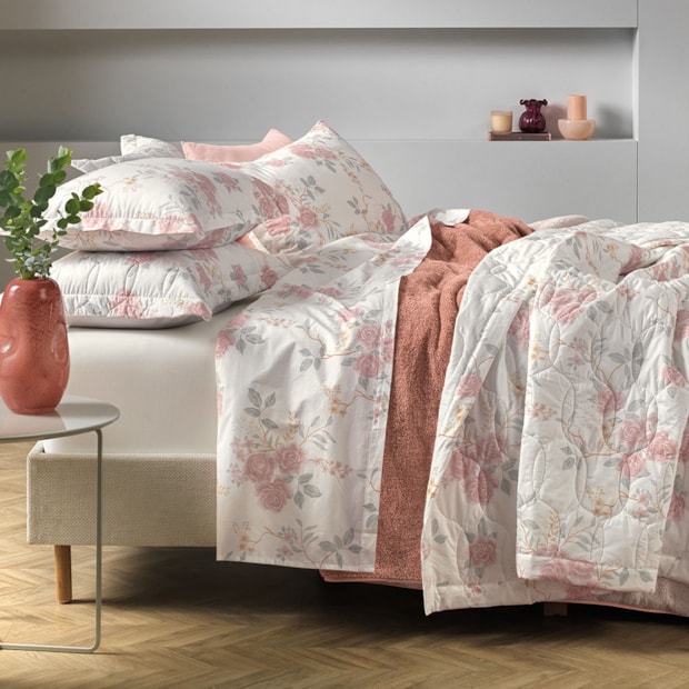 Kit Colcha Queen Karsten Ester Dupla Face 100% Algodão Fio Penteado Percal 200 Fios C/ Porta Travesseiro (3 Peças)