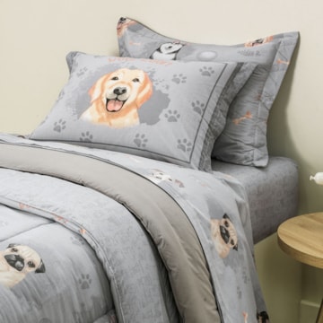 Kit Colcha Solteiro Infantil Karsten Dog Dupla Face 100% Algodão Percal 200 Fios c/ Porta Travesseiro (2 Peças)