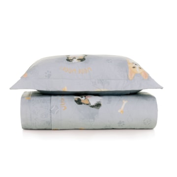 Kit Colcha Solteiro Infantil Karsten Dog Dupla Face 100% Algodão Percal 200 Fios c/ Porta Travesseiro (2 Peças)