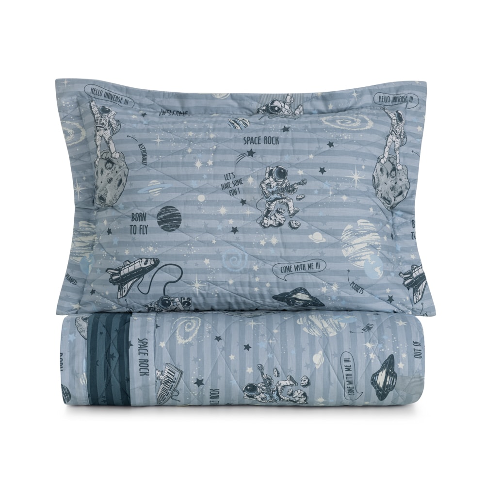 Kit Colcha Solteiro Infantil Karsten Espacial Dupla Face 100% Algodão Percal 200 Fios c/ Porta Travesseiro (2 Peças)