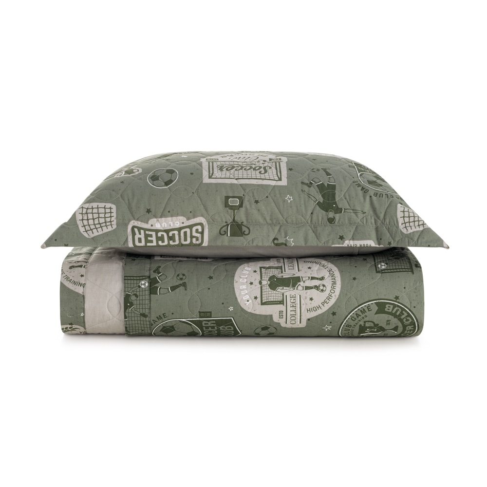 Kit Colcha Solteiro Infantil Karsten Futebol Dupla Face 100% Algodão Percal 200 Fios c/ Porta Travesseiro (2 Peças)