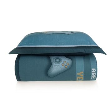 Kit Colcha Solteiro Infantil Karsten Game Dupla Face 100% Algodão Percal 200 Fios c/ Porta Travesseiro (2 Peças)
