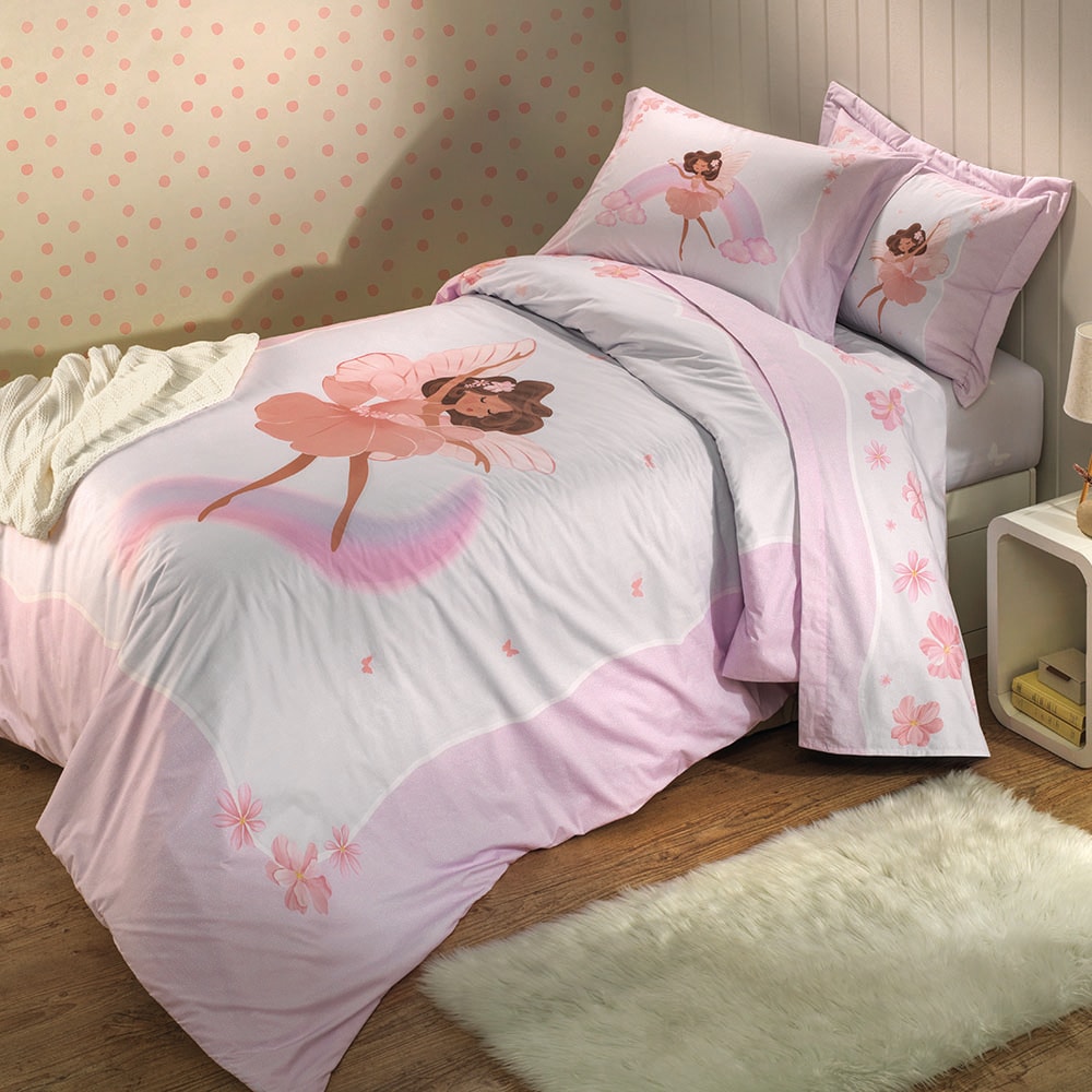 Kit Colcha Solteiro Infantil Karsten Graciela Dupla Face 100% Algodão Percal 200 Fios c/ Porta Travesseiro (2 Peças)