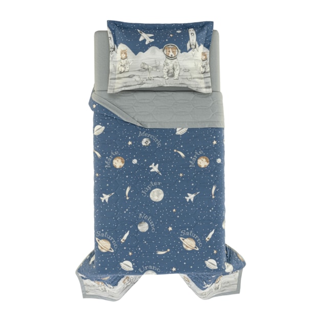 Kit Colcha Solteiro Infantil Karsten Lunar Dupla Face 100% Algodão Percal 200 Fios c/ Porta Travesseiro (2 Peças)