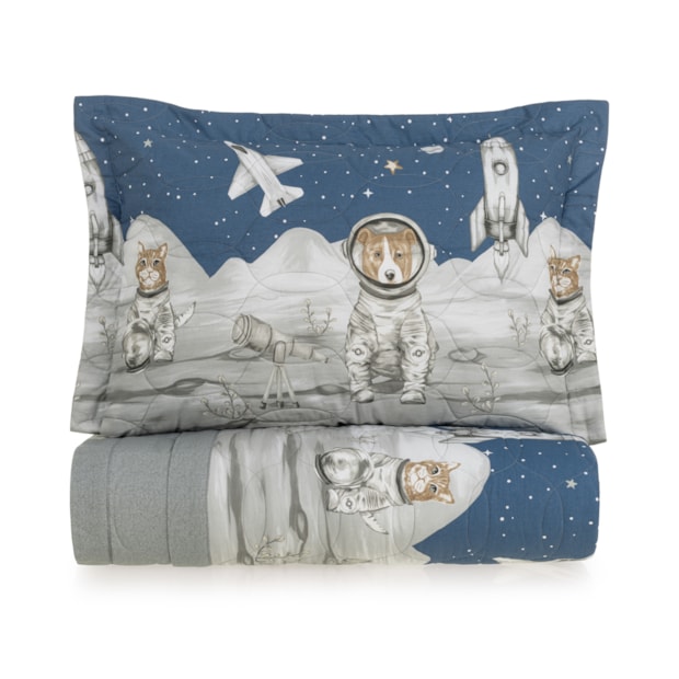 Kit Colcha Solteiro Infantil Karsten Lunar Dupla Face 100% Algodão Percal 200 Fios c/ Porta Travesseiro (2 Peças)