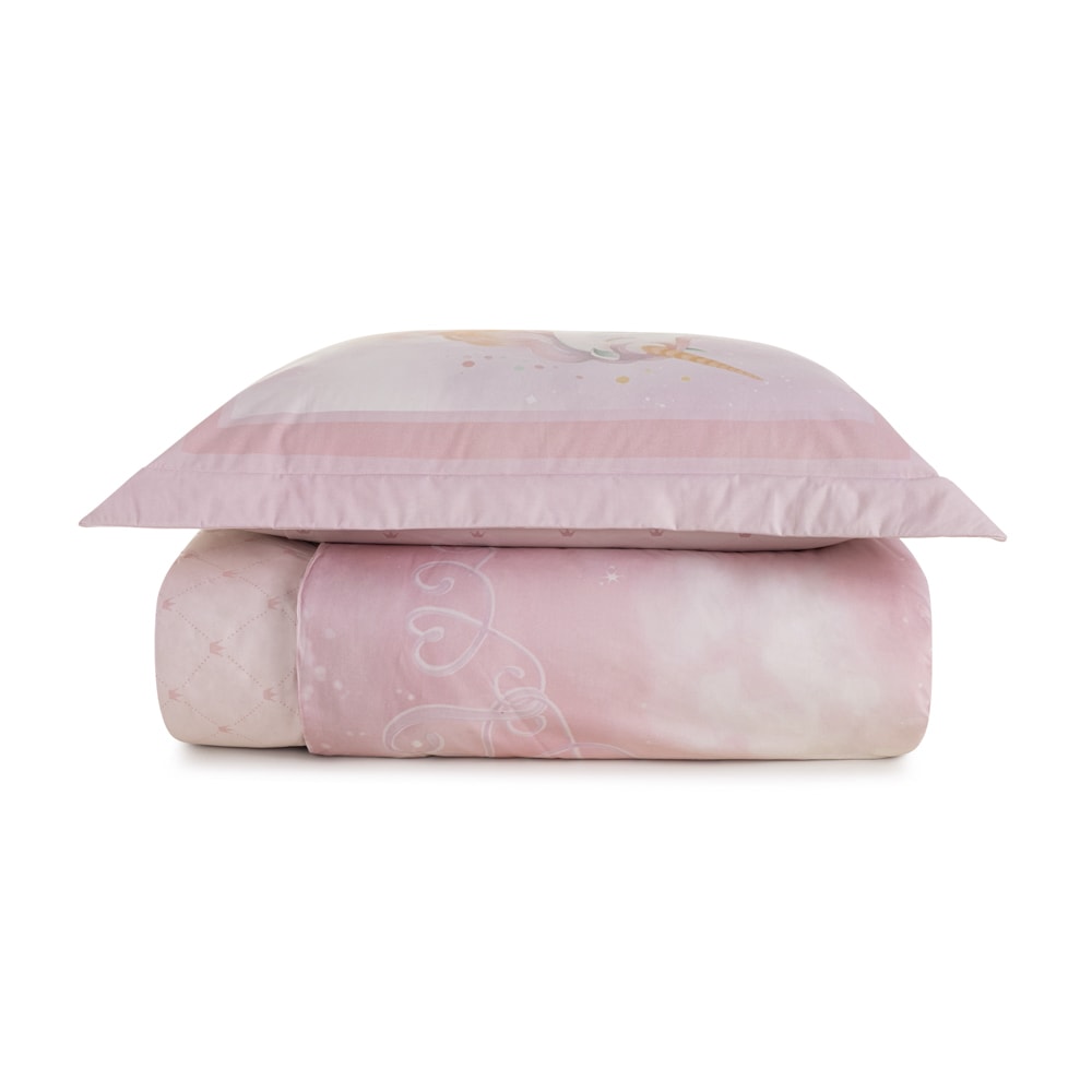 Kit Colcha Solteiro Infantil Karsten Princesinha Dupla Face 100% Algodão Percal 200 Fios c/ Porta Travesseiro (2 Peças)