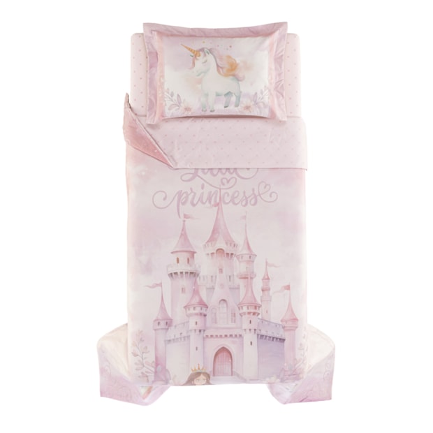 Kit Colcha Solteiro Infantil Karsten Princesinha Dupla Face 100% Algodão Percal 200 Fios c/ Porta Travesseiro (2 Peças)