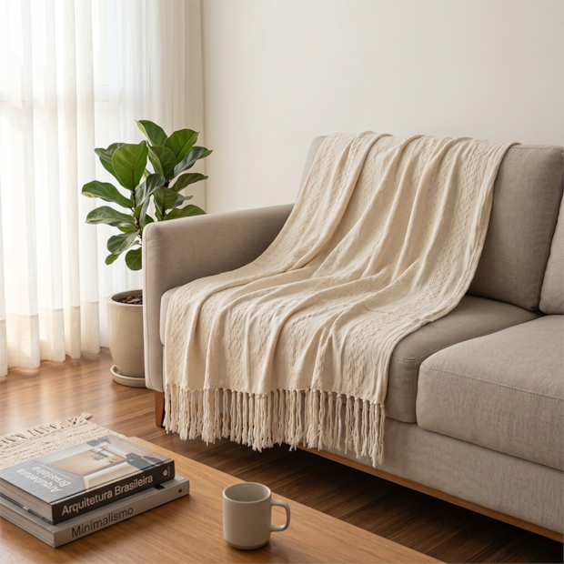 Manta Decorativa para Sofá Império 100% Algodão c/ Franjas 2,40m x 2,50m