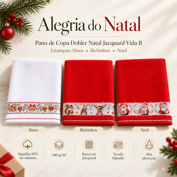 Pano de Copa Dohler Natal Jacquard Vida II Alegria do Natal - Gramatura: 340g/m²