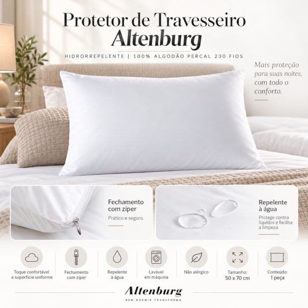 Protetor de Travesseiro Altenburg Hidrorrepelente 100% Algodão Percal 230 Fios Branco (1 Peça)