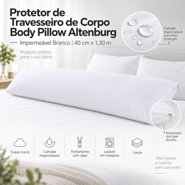 Protetor de Travesseiro de Corpo Body Pillow Altenburg Impermeável Branco 40cm x 1,30m (1 Peça)
