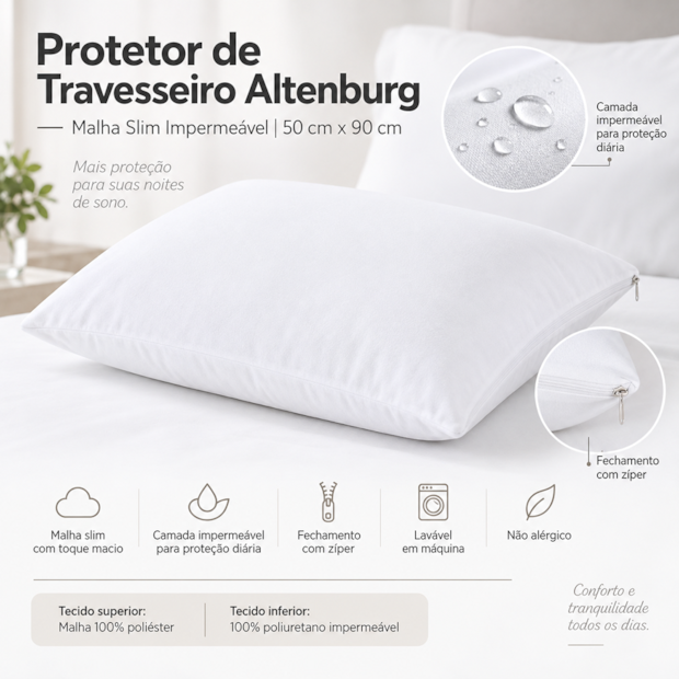 Protetor de Travesseiro King Size Altenburg Malha Slim Impermeável Branco 50cm x 90cm (1 Peça)