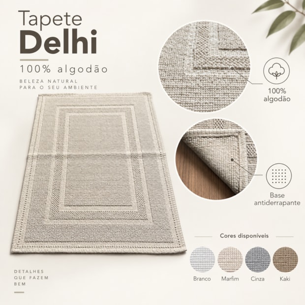 Tapete Delhi Moldura Antiderrapante 100% Algodão 50cm x 80cm