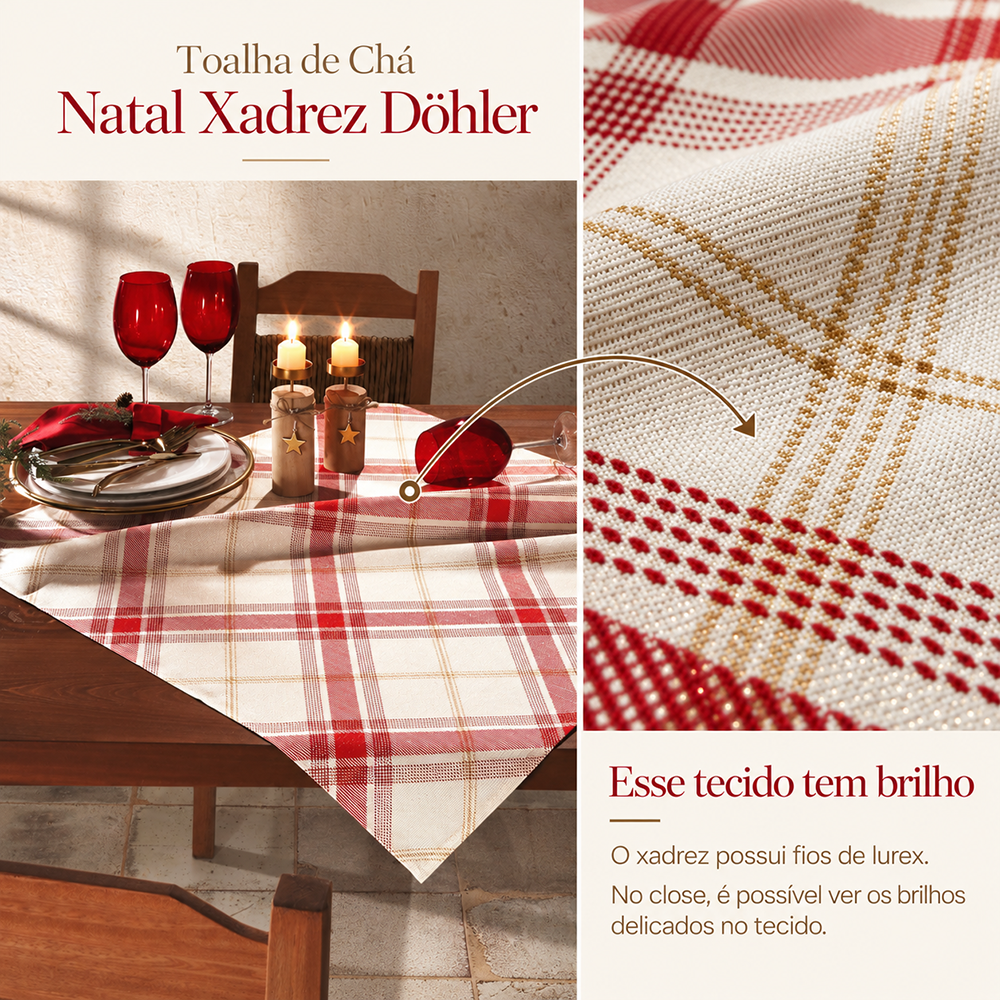 Toalha de Chá / Centro de Mesa Dohler Celebra Natal Xadrez com Brilho 78cm x 78cm