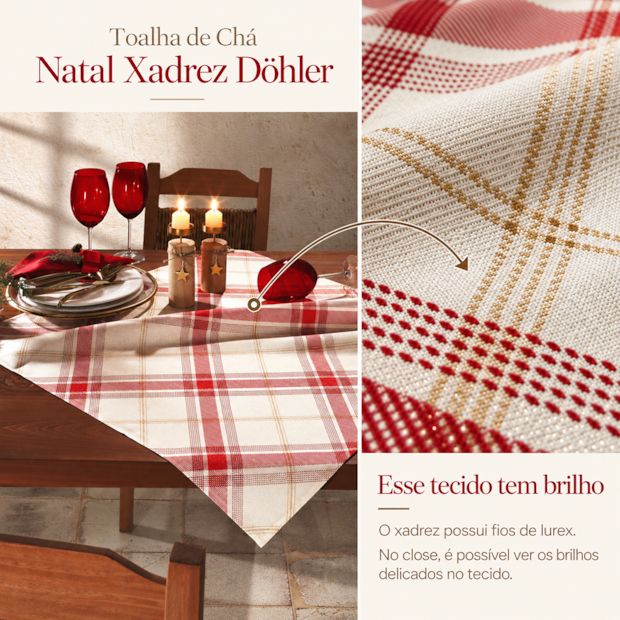 Toalha de Chá / Centro de Mesa Dohler Celebra Natal Xadrez com Brilho 78cm x 78cm