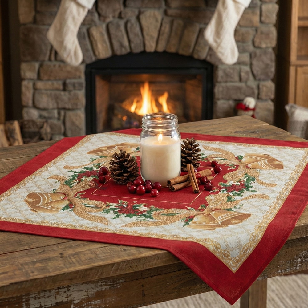 Toalha de Chá / Centro de Mesa Karsten Sinos de Natal com Efeito Ouro 78cm x 78cm