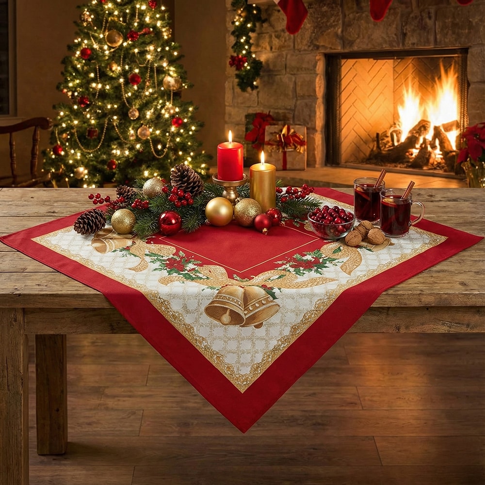 Toalha de Chá / Centro de Mesa Karsten Sinos de Natal com Efeito Ouro 78cm x 78cm