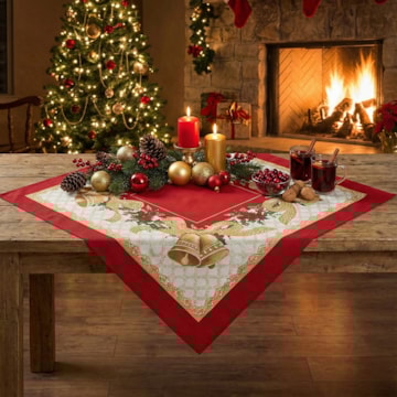 Toalha de Chá / Centro de Mesa Karsten Sinos de Natal com Efeito Ouro 78cm x 78cm