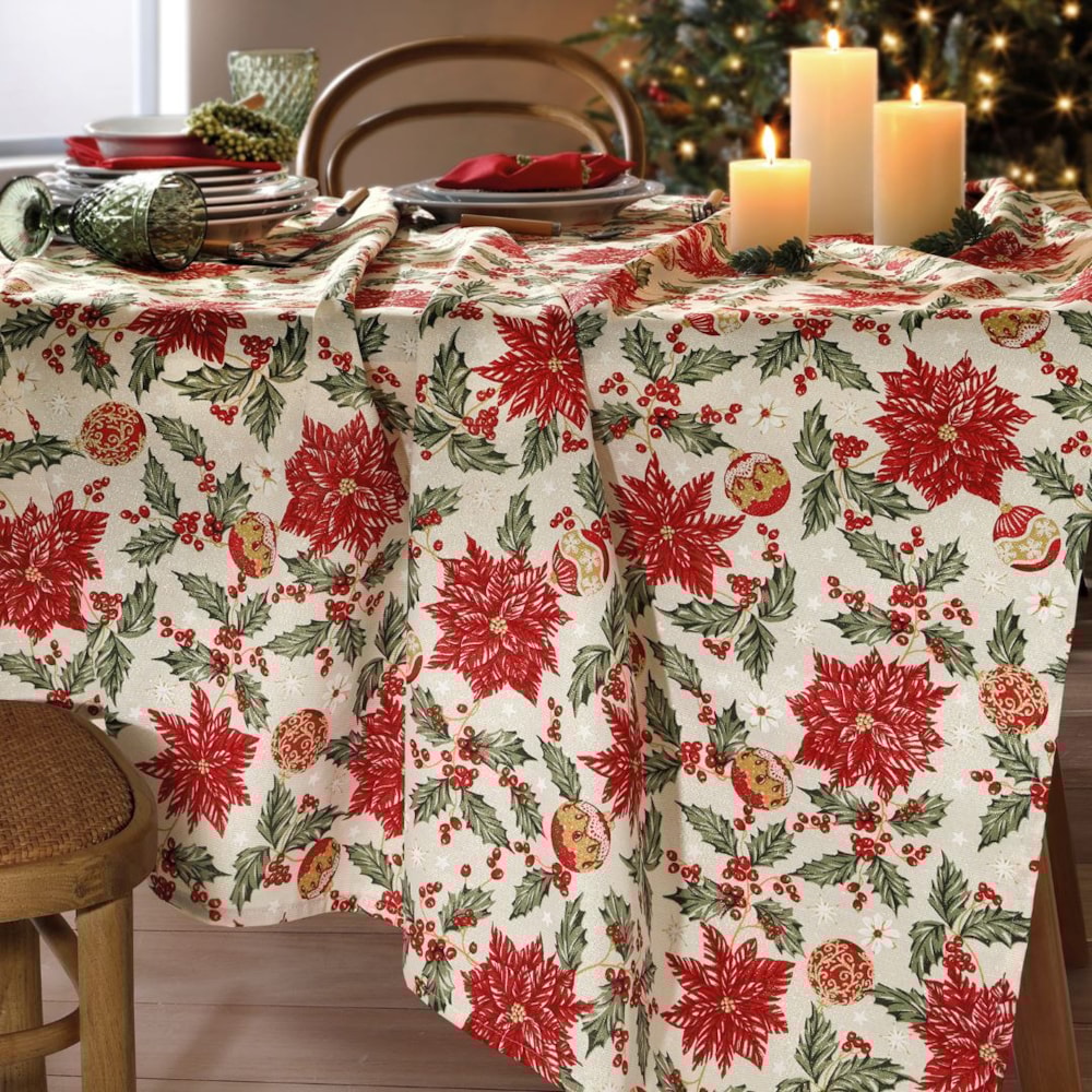 Toalha de Mesa Quadrada Dohler Celebra Flores de Natal com Efeito Brilho 4 Lugares 1,60m x 1,60m