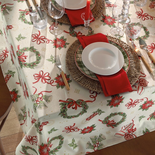 Toalha de Mesa Quadrada Dohler Celebra Guirlandas de Natal com Efeito Brilho 4 Lugares 1,60m x 1,60m