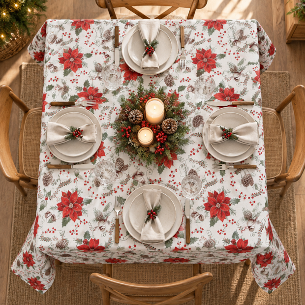 Toalha de Mesa Quadrada Dohler Celebra Jardim de Natal com Efeito Brilho 4 Lugares 1,60m x 1,60m