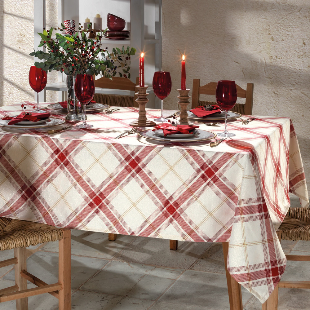 Toalha de Mesa Quadrada Dohler Celebra Natal Xadrez com Brilho 4 Lugares 1,60m x 1,60m